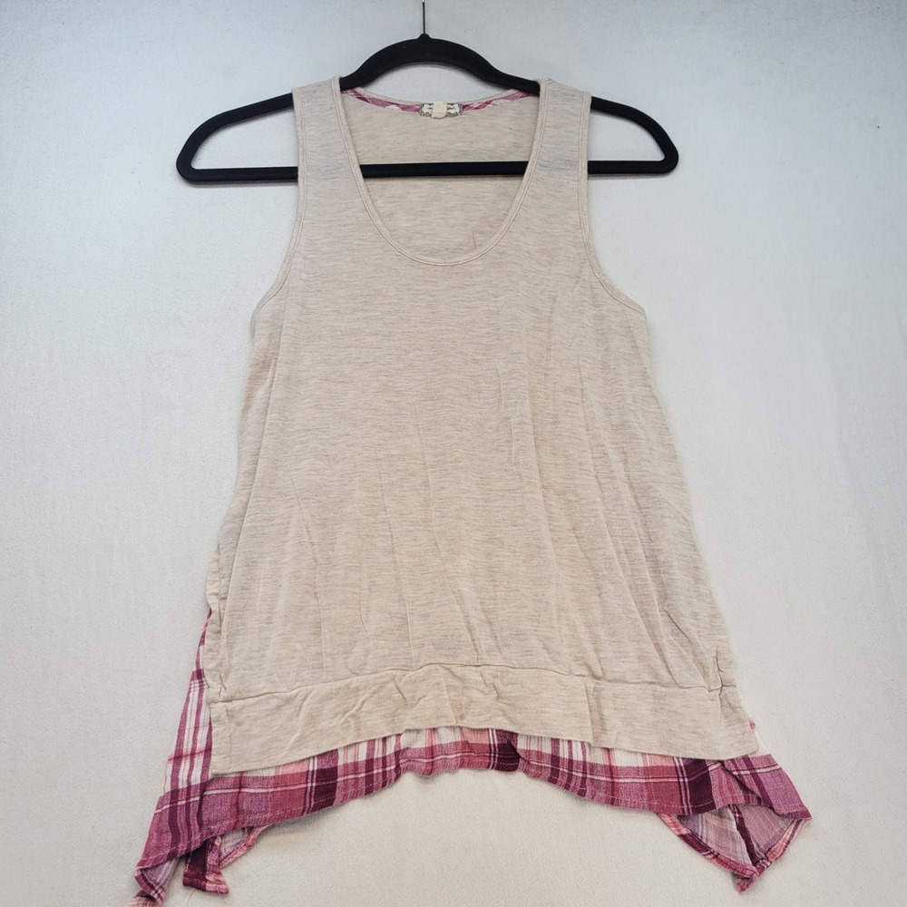 Eyeshadow Tank Top Plaid Layered Women Small Tan Hem Mixed Media Sleeveless